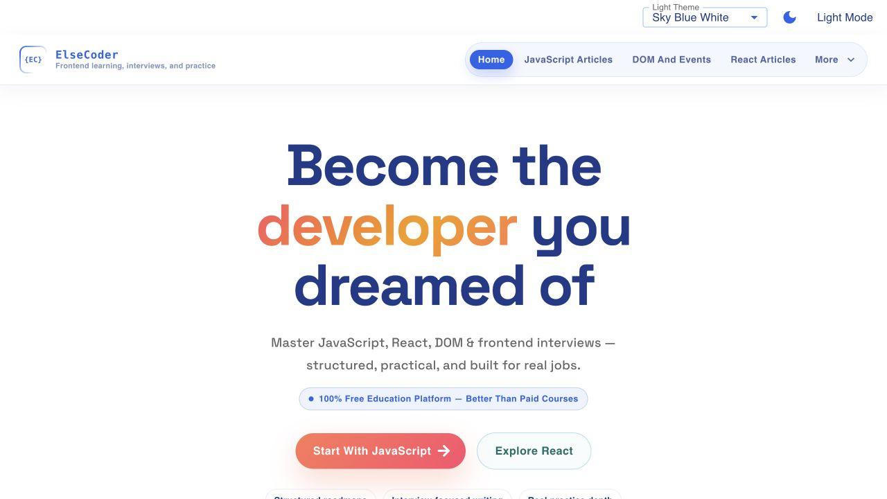 Else Coder homepage with learning paths and platform statistics